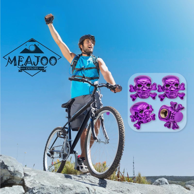 MEAJOO 4 قطع من أغطية جذع صمام الإطارات على شكل جمجمة من MEAJOO، ملحقات أغطية صمام العجلة المقاومة للغبار، مع حلقة دائرية مطاطية، عالمية للسيارات وسيارات الدفع الرباعي والدراجات والشاحنات والدراجات النارية (أرجواني) - Image 5